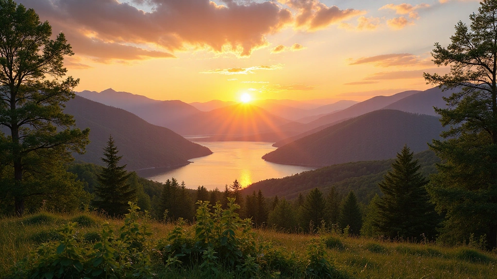 A serene sunrise over a tranquil natural landscape, symbolizing new beginnings and natural origins