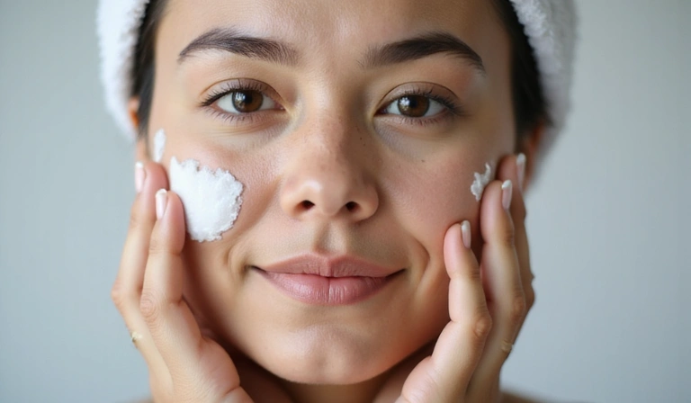 Woman applying anti-aging cream to her face