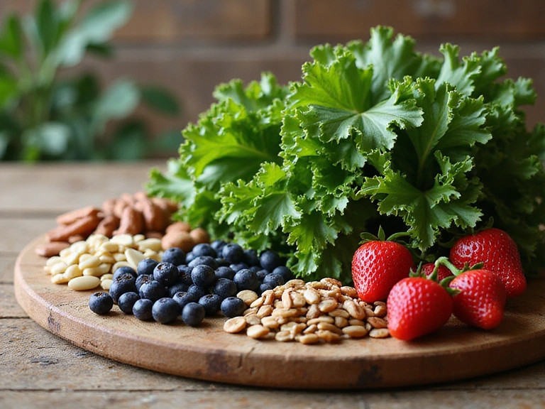 A serene image of healthy food ingredients like leafy greens, colorful berries, nuts, and seeds arranged beautifully on a wooden table, with soft, natural light, symbolizing balanced nutrition and health. No text.