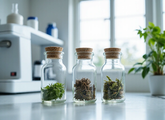 A clean, minimalist image of natural herbs and laboratory equipment, implying quality control and scientific rigor.
